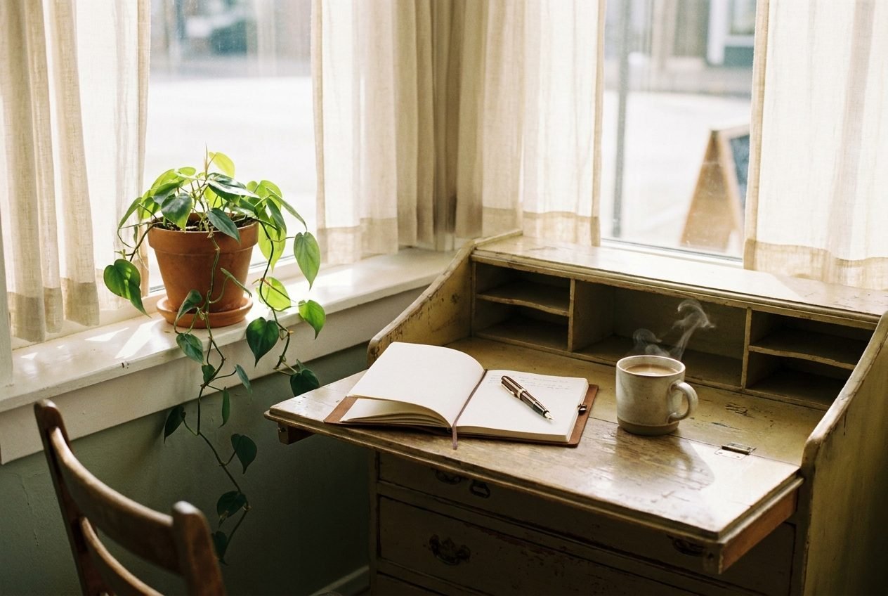 A cozy writing desk with a notebook, coffee, and a plant by a window