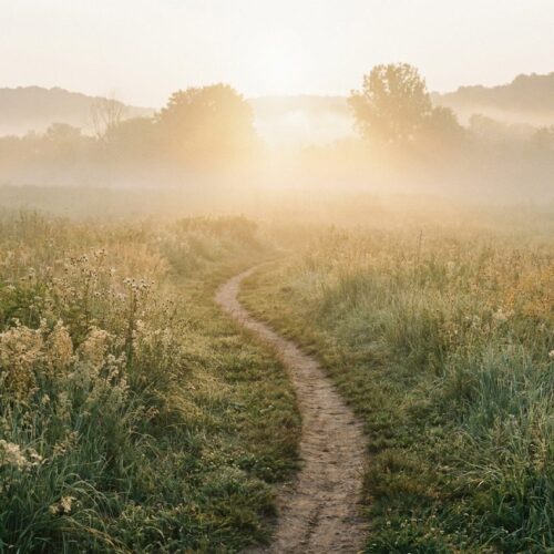 A quiet path through a misty meadow at dawn
