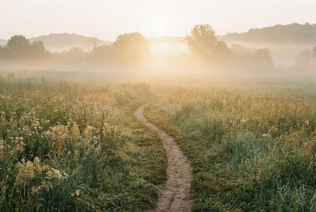 plan A quiet path through a misty meadow at dawn