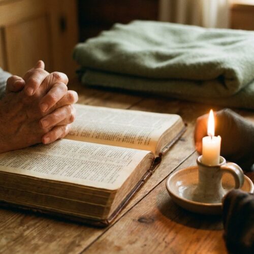 Hands folded in prayer over an open Bible beside a candle