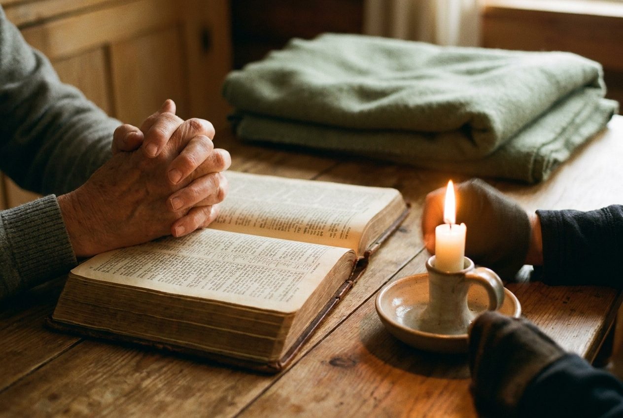 Hands folded in prayer over an open Bible beside a candle