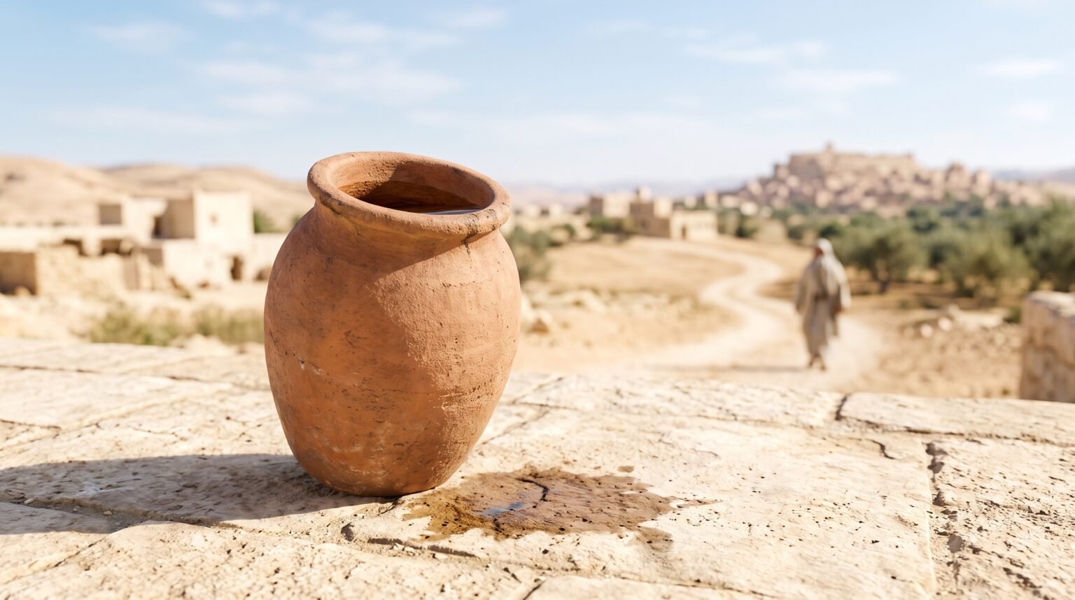 An abandoned clay water jar left standing on hot pale stone, illustrating the woman at the well leaving her water jar in John 4