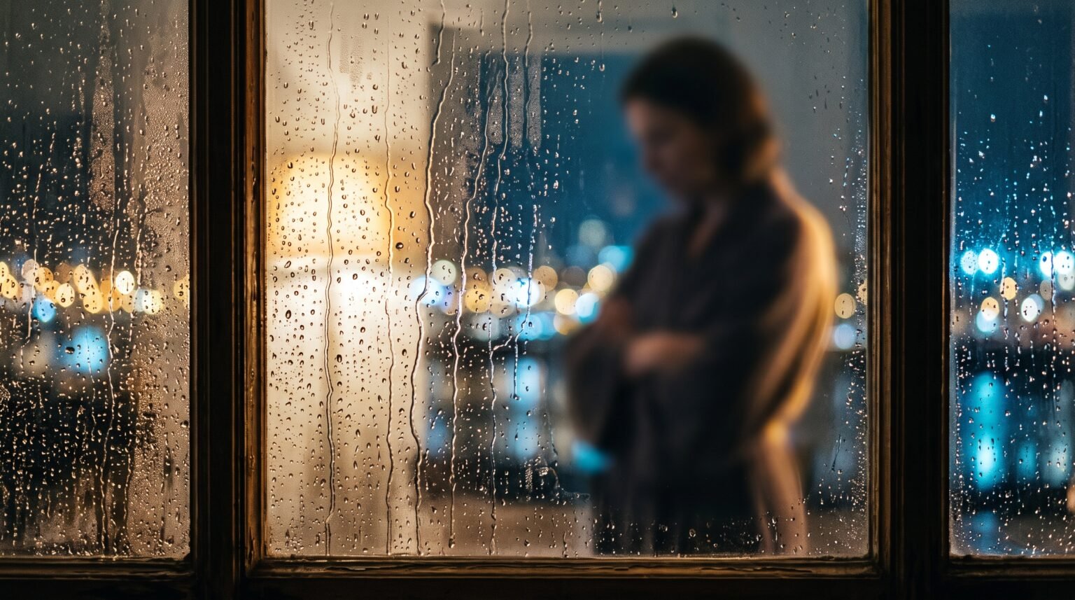 Rain running down a dark window at night with a still figure behind the glass, illustrating Michal watching David from a window